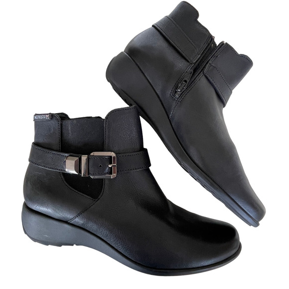 Mephisto Womans 7 Stefania Wedge Ankle Boots Leather Booties Side Buckle Black - Picture 1 of 7